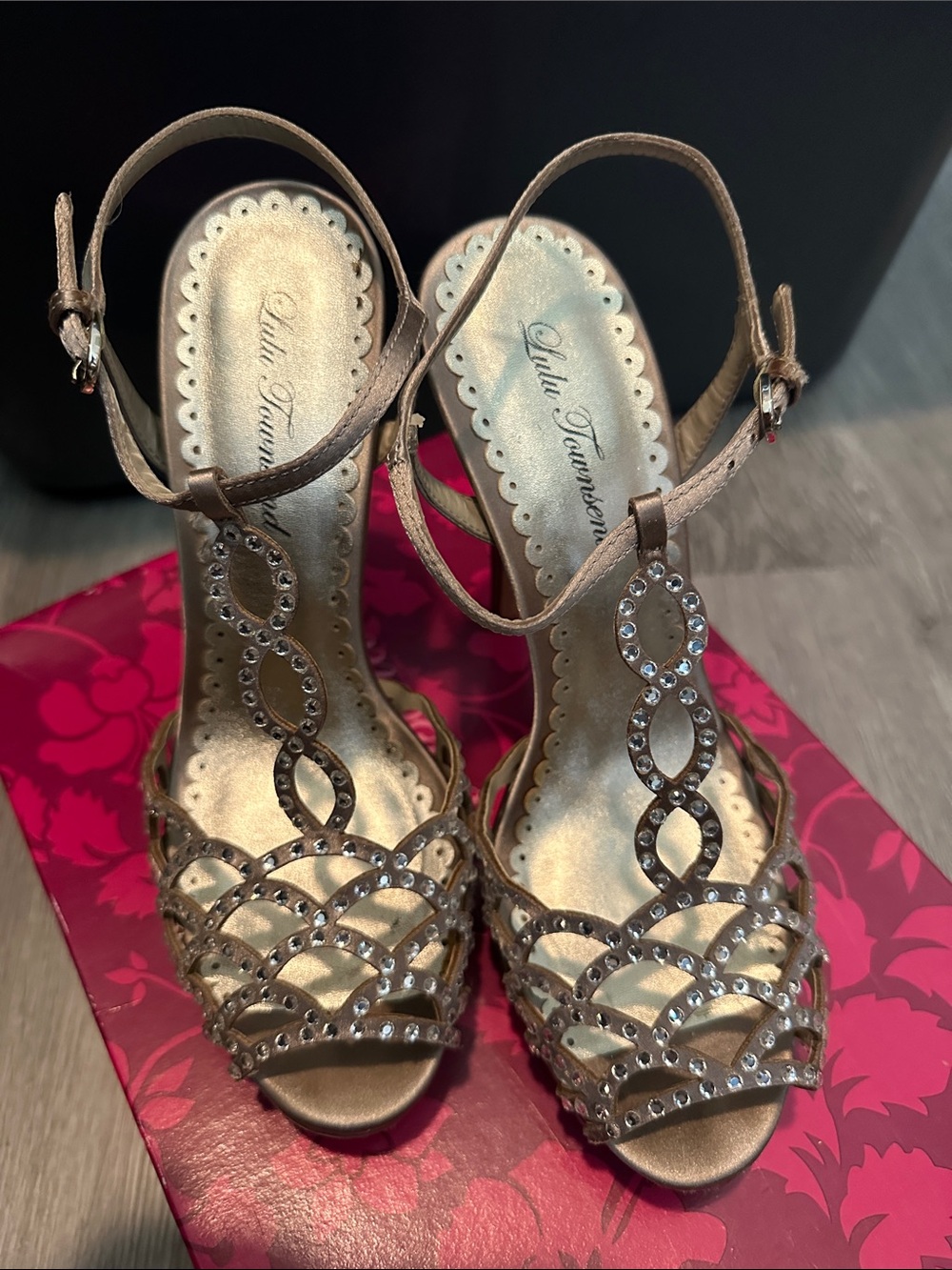 Lulu Townsend Gold Crystal T-Strap Evening Heels